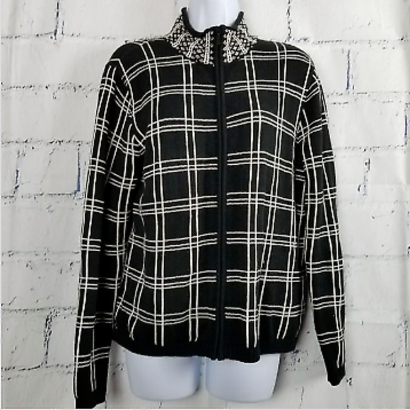 Talbots Cardigan Sweater Jacket Black White Plaid - Picture 1 of 8